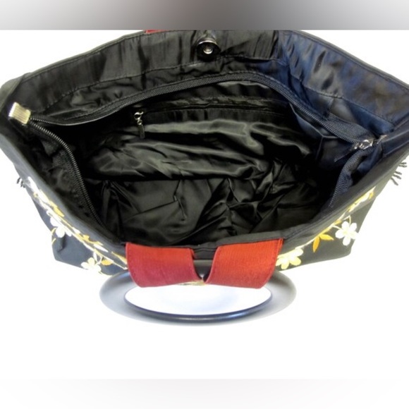 Vintage Needlework Large Black Purse Embroidered Flower Tote Handbag - Picture 5 of 5